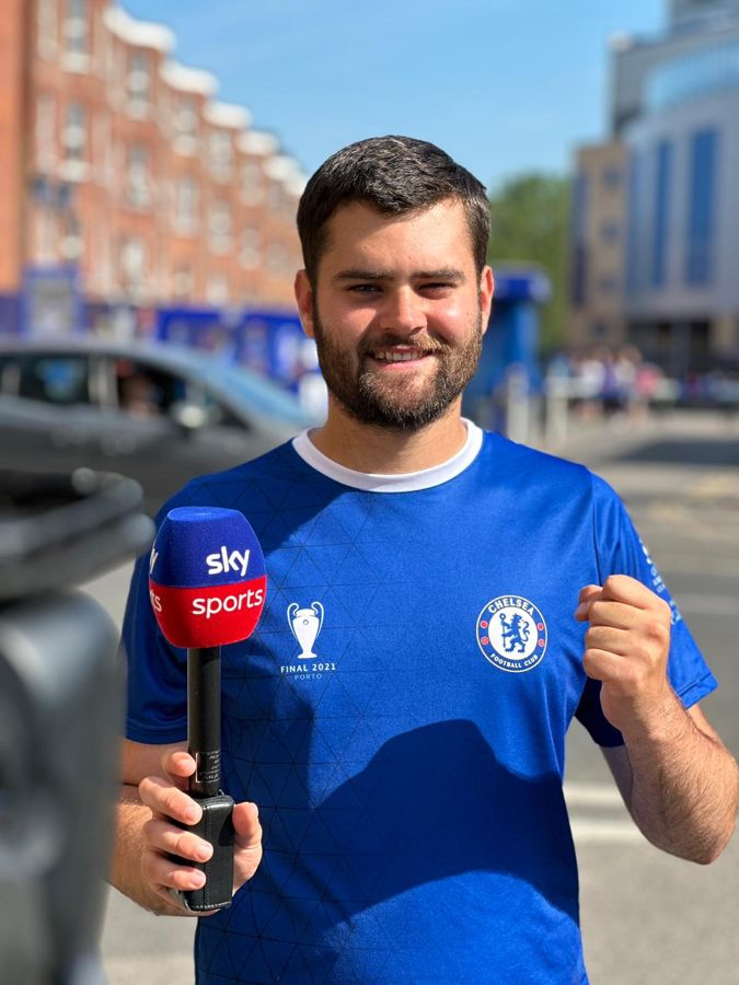 Alex reporting pitchside for Chelsea Fan TV