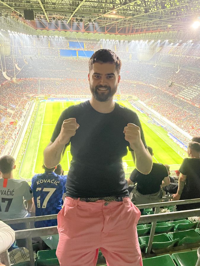 Alex celebrating on a Chelsea away day at the San Siro