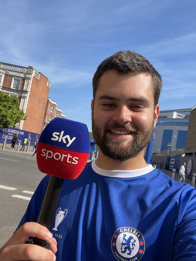 Alex reporting for Sky Sports outside Stamford Bridge
