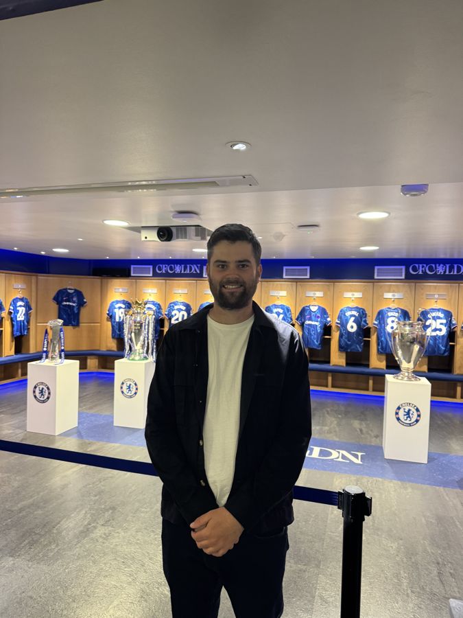 Alex in Chelsea's trophy room at Stamford Bridge